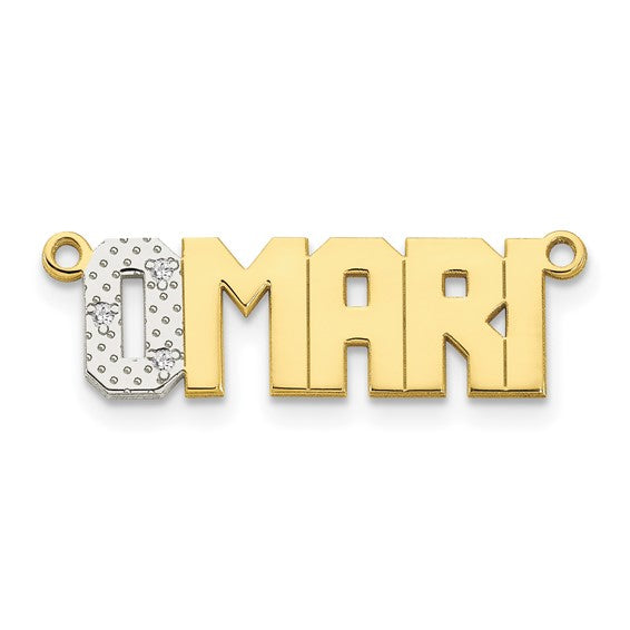 Block Nameplate with Diamond Letter - 10K Yellow and White Gold