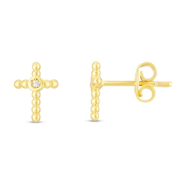 Beaded Cross Stud Earrings - 14K Yellow Gold with Diamond