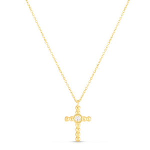 Beaded Cross Charm Necklace - 14K Yellow Gold with Diamond