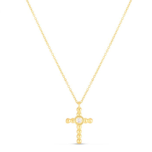 Beaded Cross Charm Necklace - 14K Yellow Gold with Diamond