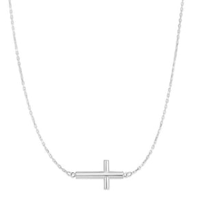 Side Cross Necklace - 14K White Gold
